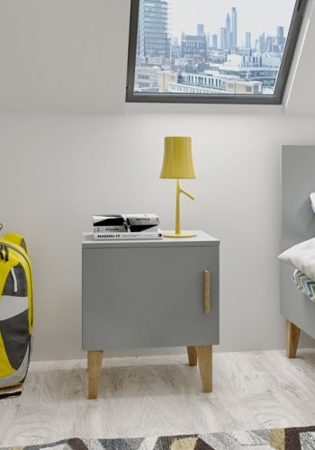 Kubi sengebord til brn, m. 1 lge og 1 hylde - gr spnplade og eg (50x34)