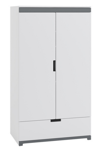 Tomi garderobeskab til brn, m. 2 lger, 1 bjlestang og 1 skuffe - hvid laminat og MDF