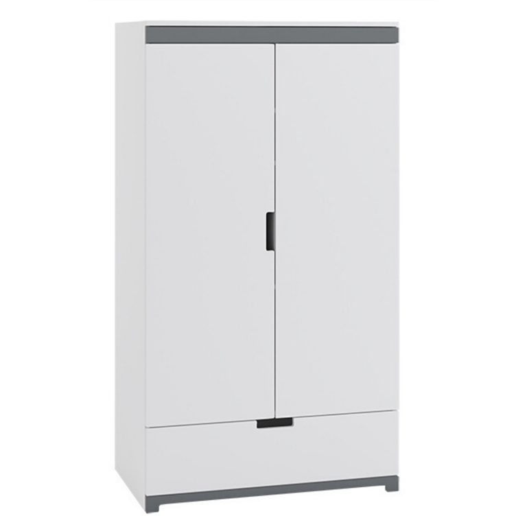 Tomi garderobeskab til brn, m. 2 lger, 1 bjlestang og 1 skuffe - hvid laminat og MDF