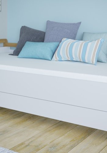 Victor sovesofa, inkl. lamelbund og skuffe, uden madras - hvid laminat og natur eg (180x80)