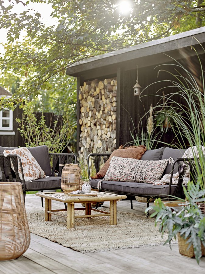 BLOOMINGVILLE Pavone havesofa, m. armln og mrkegr puder - sort polyesterreb og sort metal