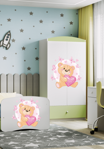 Babydreams juniorseng m bamse/sommerfugle, m. madras, sengehest, skuffe - hvid/grn laminat (180x80)